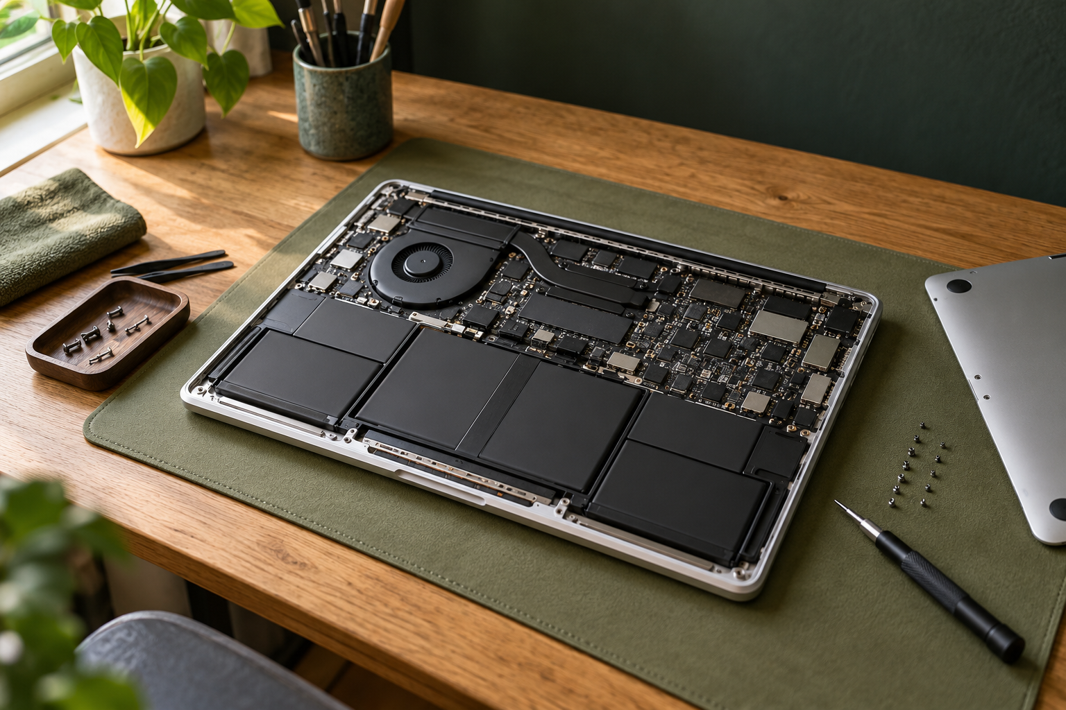 Illustrative image of a laptop being repaired on a warm, tidy workbench